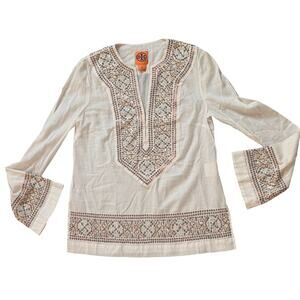 Tory Burch Sequin Mirror Embellished Cotton Tunic Ivory Size 2